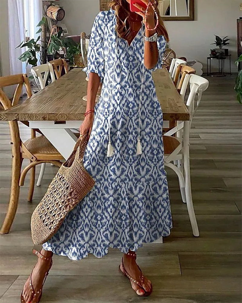 Tilly | Bohemian V-Neck Ikat Print Maxi Dress With Short Sleeves