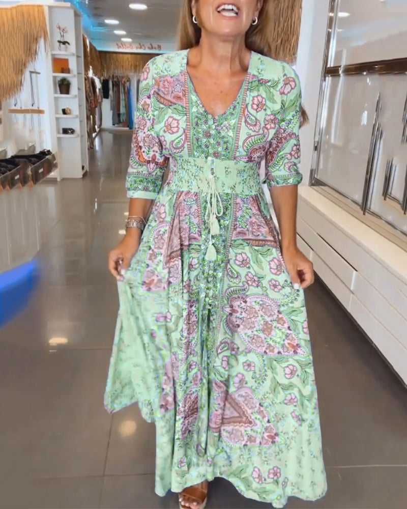 Ruth | Elegant Paisley V-Neck Maxi Dress With Sleeves