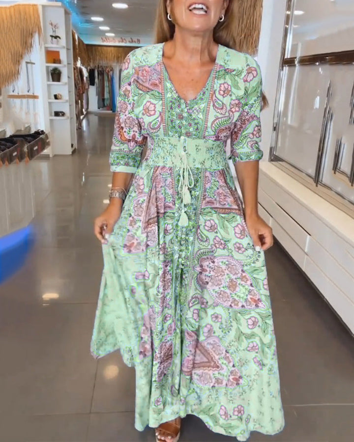 Ruth | Elegant Paisley V-Neck Maxi Dress With Sleeves