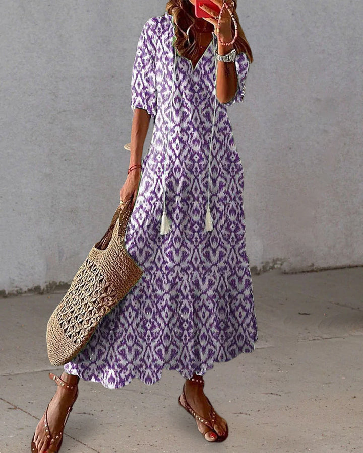 Tilly | Bohemian V-Neck Ikat Print Maxi Dress With Short Sleeves
