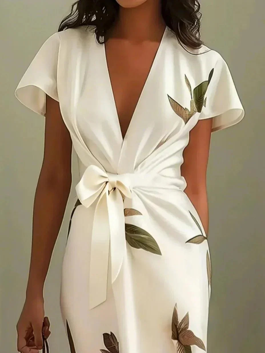 Evangeline | Elegant V-Neck Floral Wrap Midi Dress