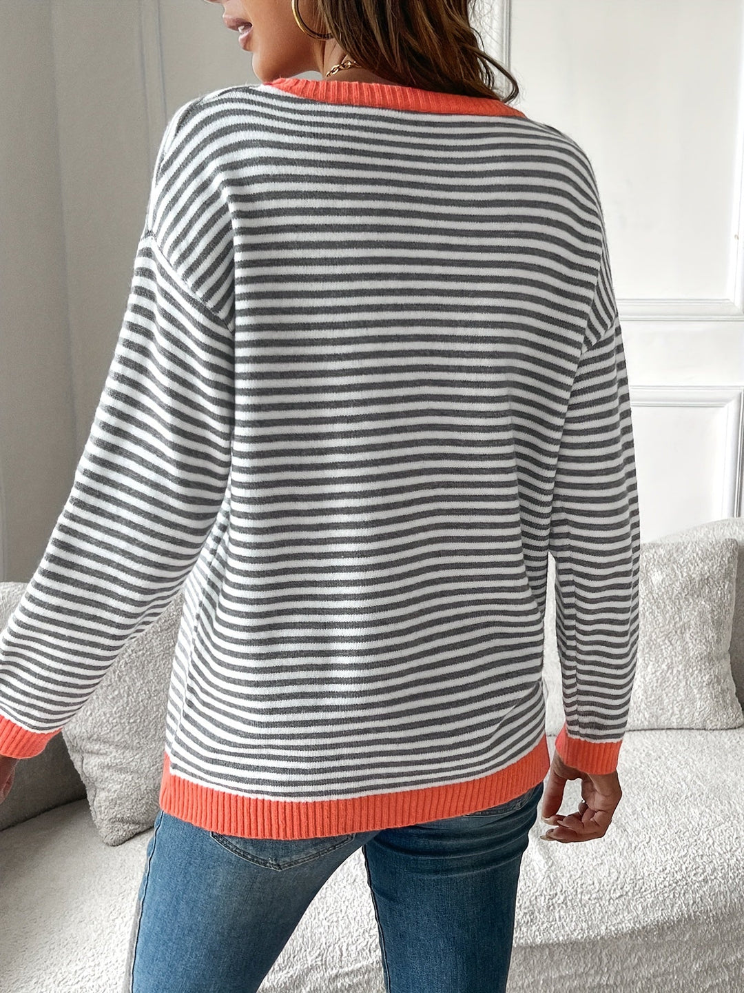 Ophelia | Elegant Striped Crew Neck Sweater With Contrast Trim