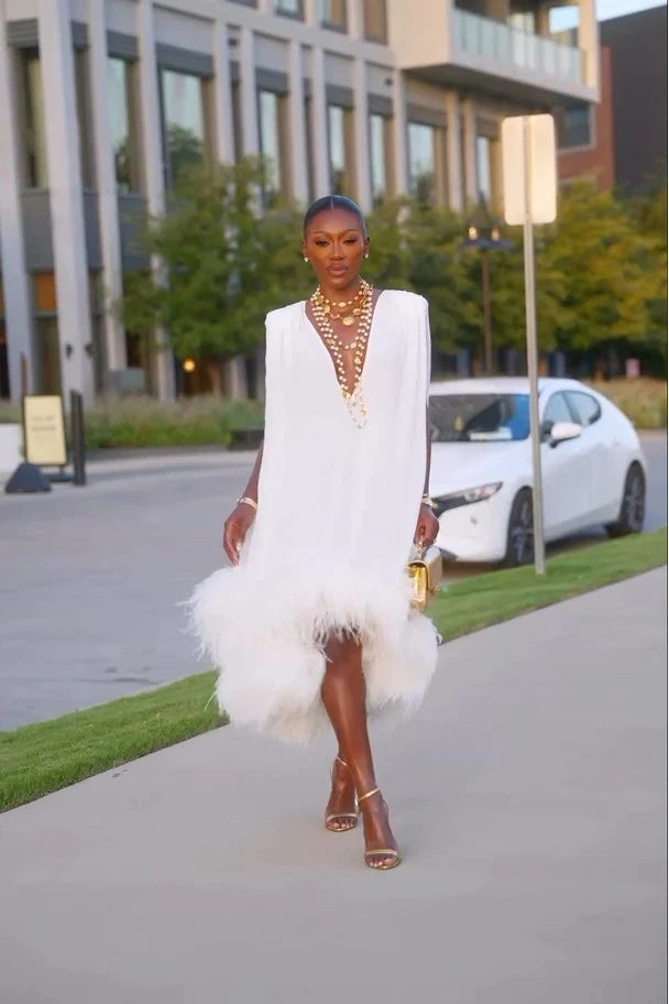 Wren | Elegant Sleeveless White Feather Trim Deep V-Neck Midi Dress
