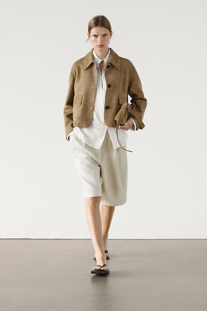 Annalise | Chic Cropped Suede Jacket With Collar & Pockets