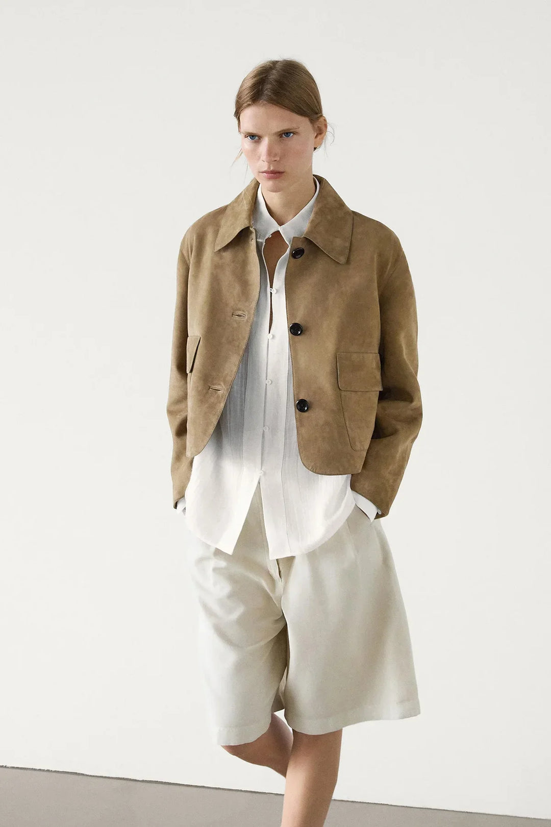 Annalise | Chic Cropped Suede Jacket With Collar & Pockets