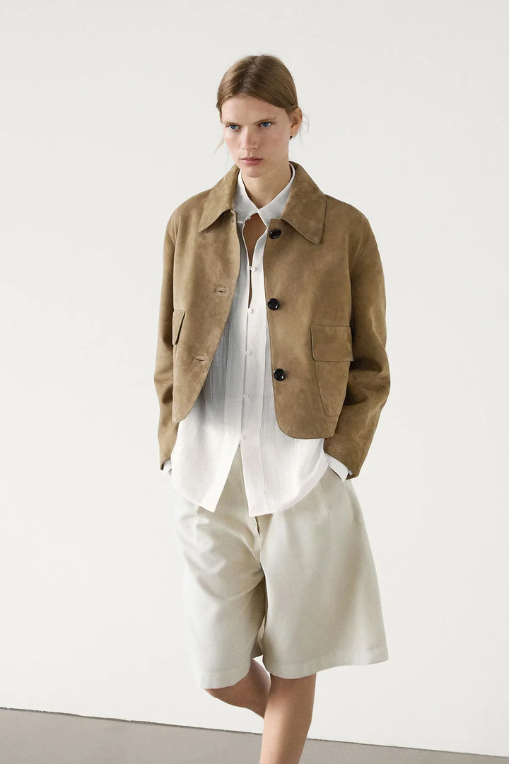 Annalise | Chic Cropped Suede Jacket With Collar & Pockets