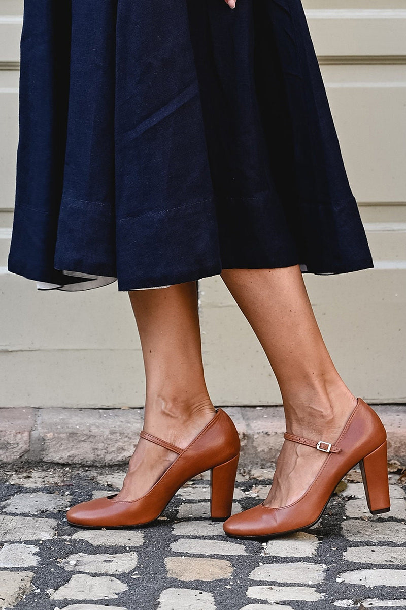 Alethea | Elegant Brown Leather Mary Jane Block Heel Pumps