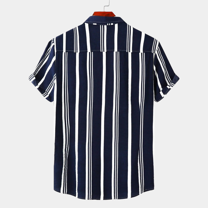 Portia | Stylish Navy Striped Short Sleeve Button Up Shirt Men
