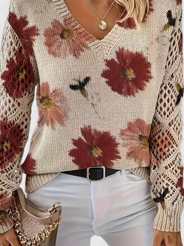 Millie | Elegant V-Neck Floral Knit Sweater With Lace Sleeves