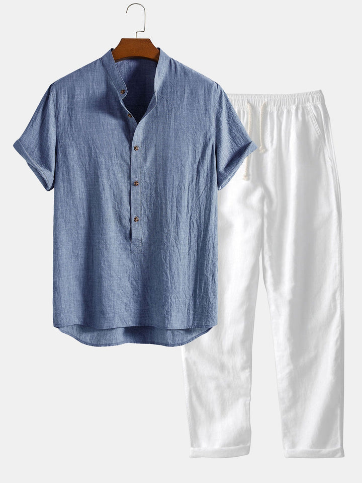 Reggie | Effortless Short Sleeve Linen Shirt Set With Drawstring Pants