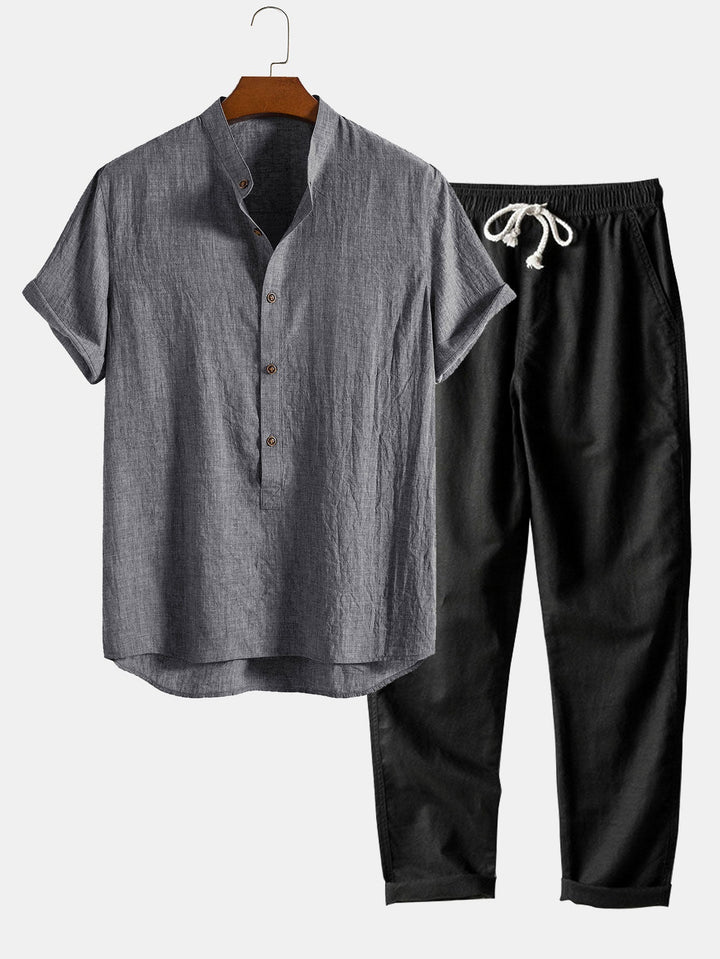 Reggie | Effortless Short Sleeve Linen Shirt Set With Drawstring Pants