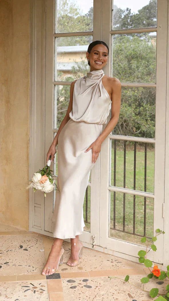 Belle | Elegant Halter Neck Satin Midi Dress