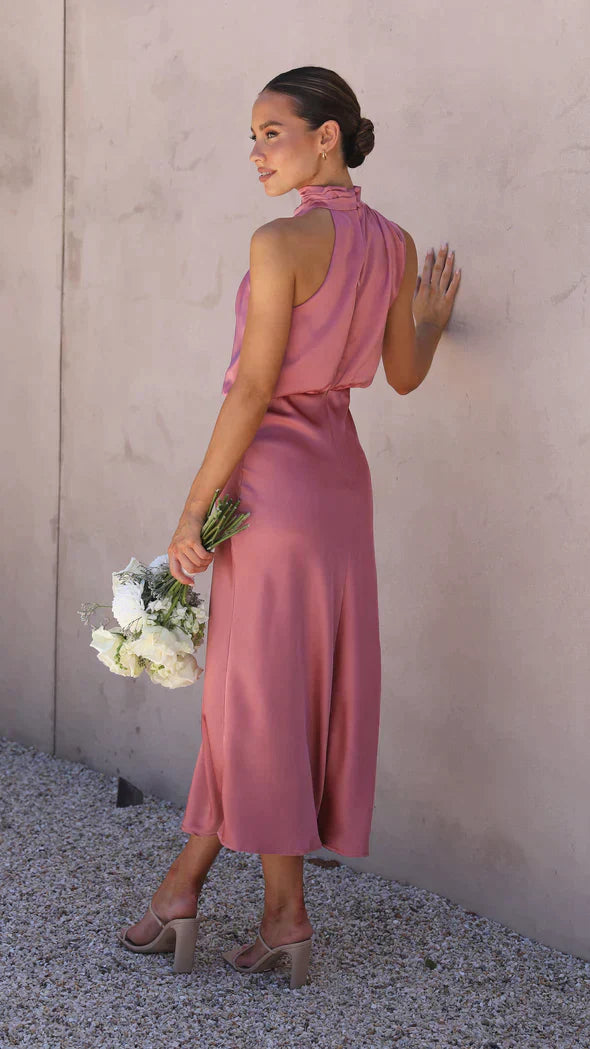 Belle | Elegant Halter Neck Satin Midi Dress