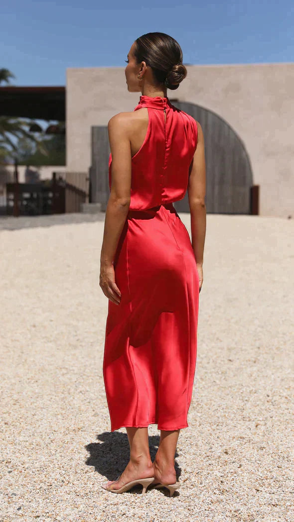 Belle | Elegant Halter Neck Satin Midi Dress