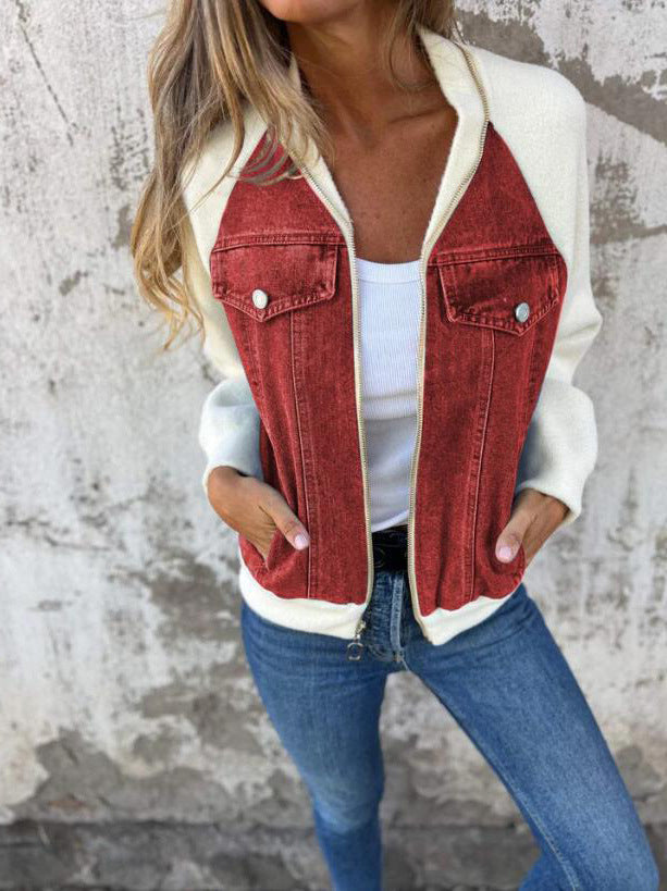 Sybil | Stylish Two-Tone Zip-Up Denim Jacket With Sherpa Sleeves
