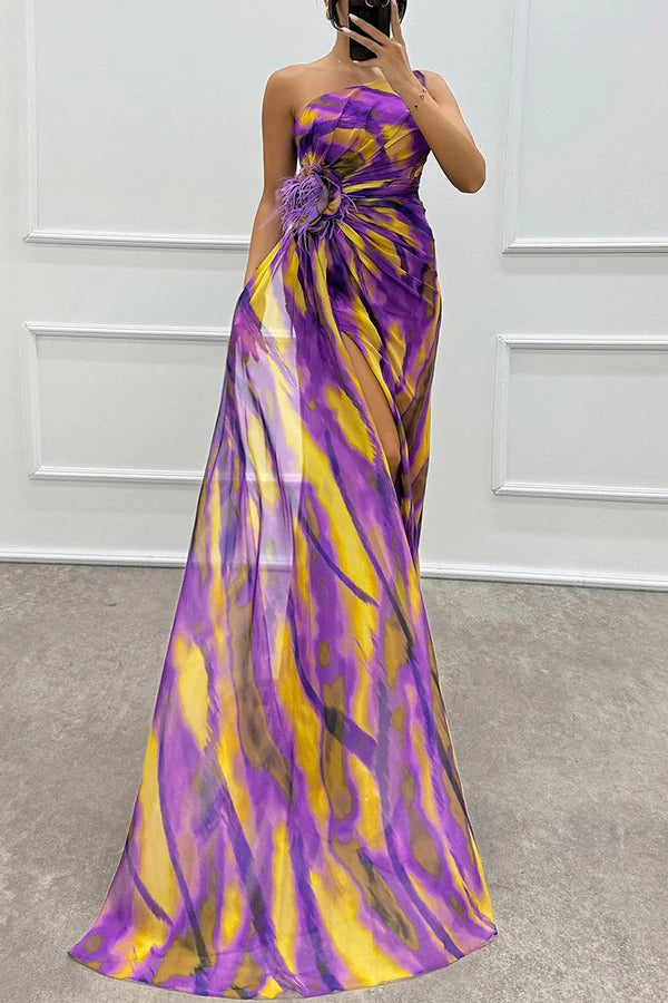 Millie | Elegant One Shoulder Feather Detail Maxi Gown