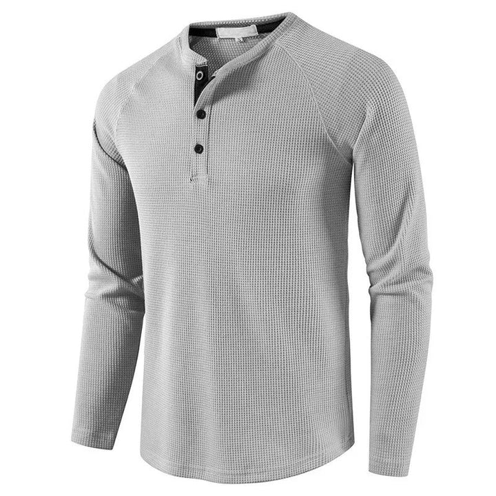 Evelyn | Elegant Men's Gray Waffle Knit Henley Long Sleeve Shirt