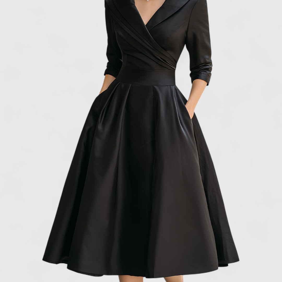 Leona | Elegant V-Neck Wrap Midi Dress With 3/4 Sleeves