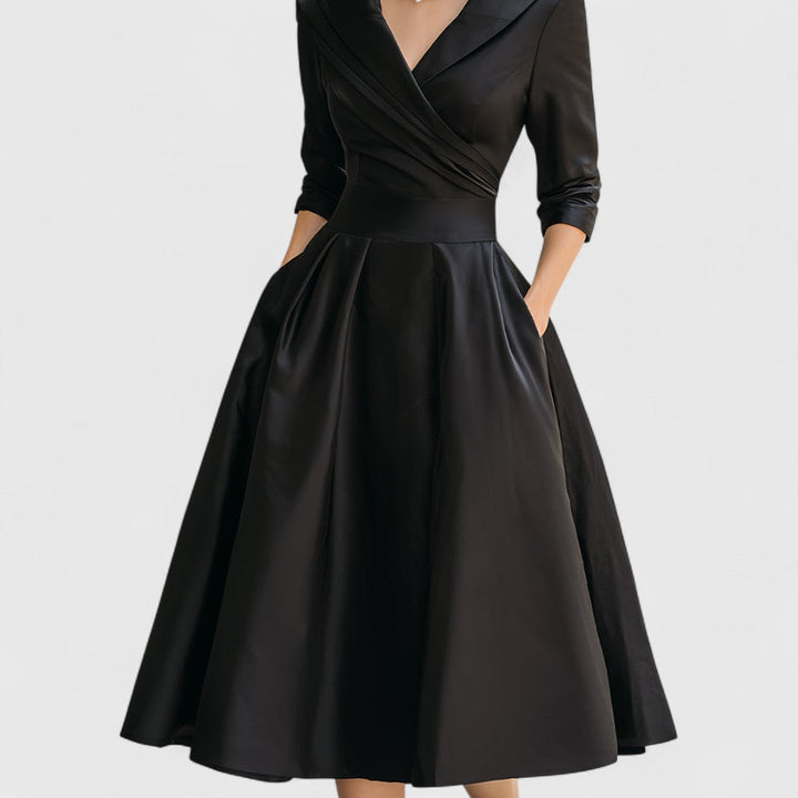 Leona | Elegant V-Neck Wrap Midi Dress With 3/4 Sleeves