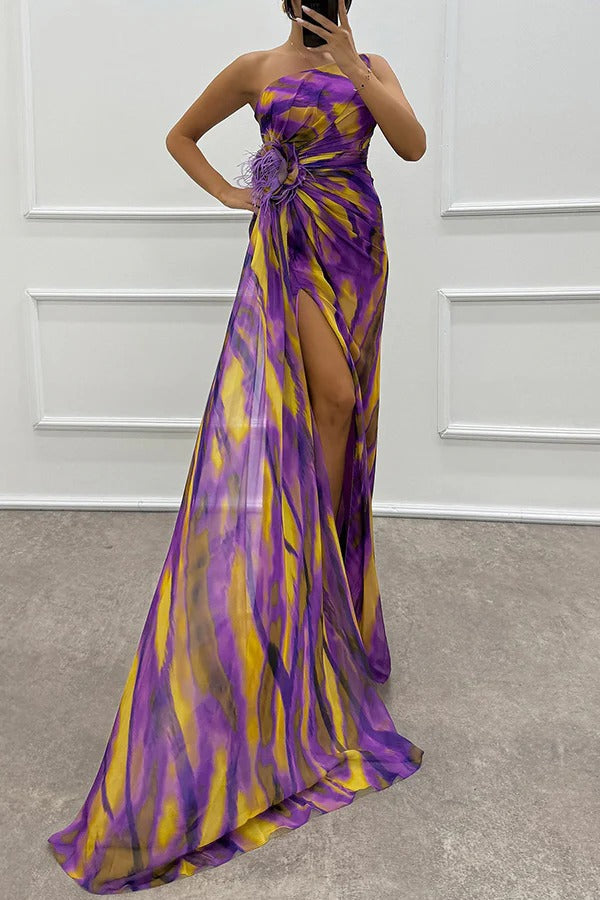 Millie | Elegant One Shoulder Feather Detail Maxi Gown