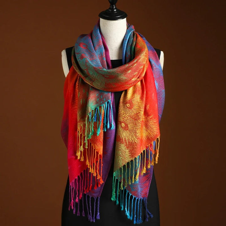 Hazel | Elegant Peacock Feather Cashmere Scarf With Fringe