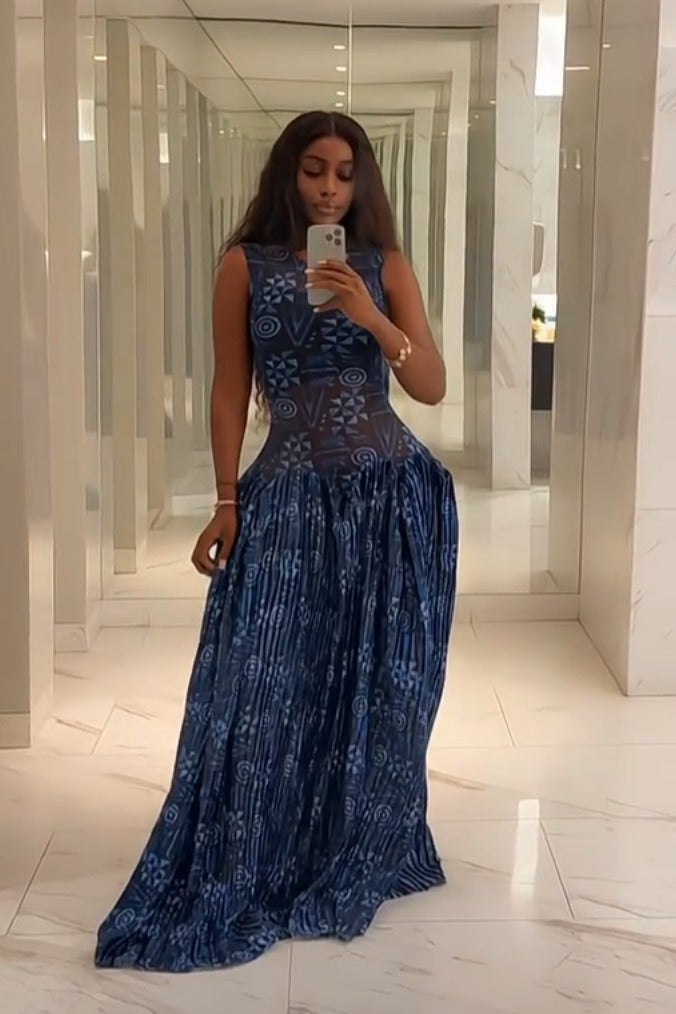 Kimberly | Elegant Adinkra Pleated Maxi Dress
