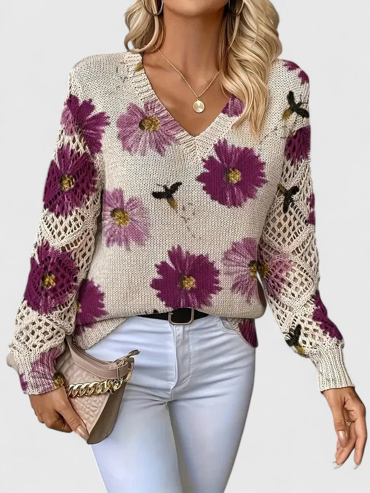Millie | Elegant V-Neck Floral Knit Sweater With Lace Sleeves