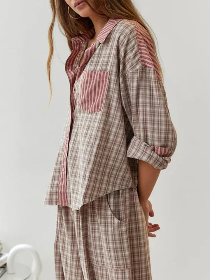 Penelope | Elegant Two-Piece Striped Cotton Pajama Set With Mixed Patterns