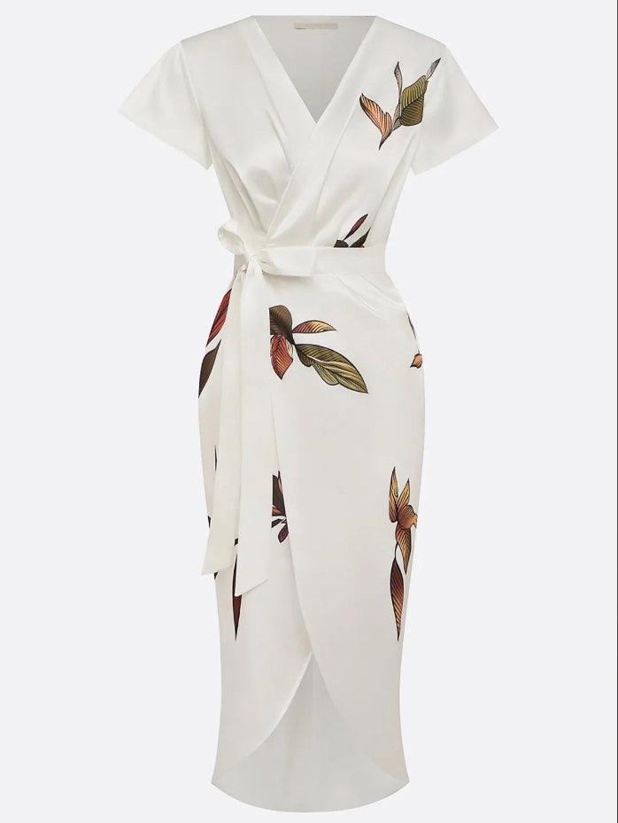 Evangeline | Elegant V-Neck Floral Wrap Midi Dress