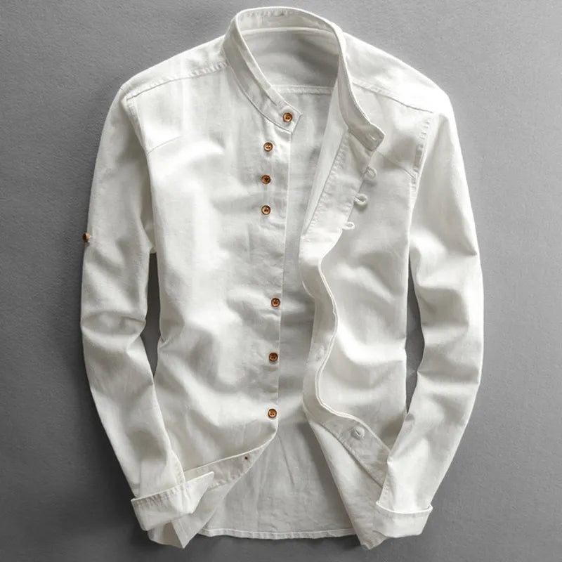 Margot | Stylish Japanese Mandarin Collar Long Sleeve Linen Shirt