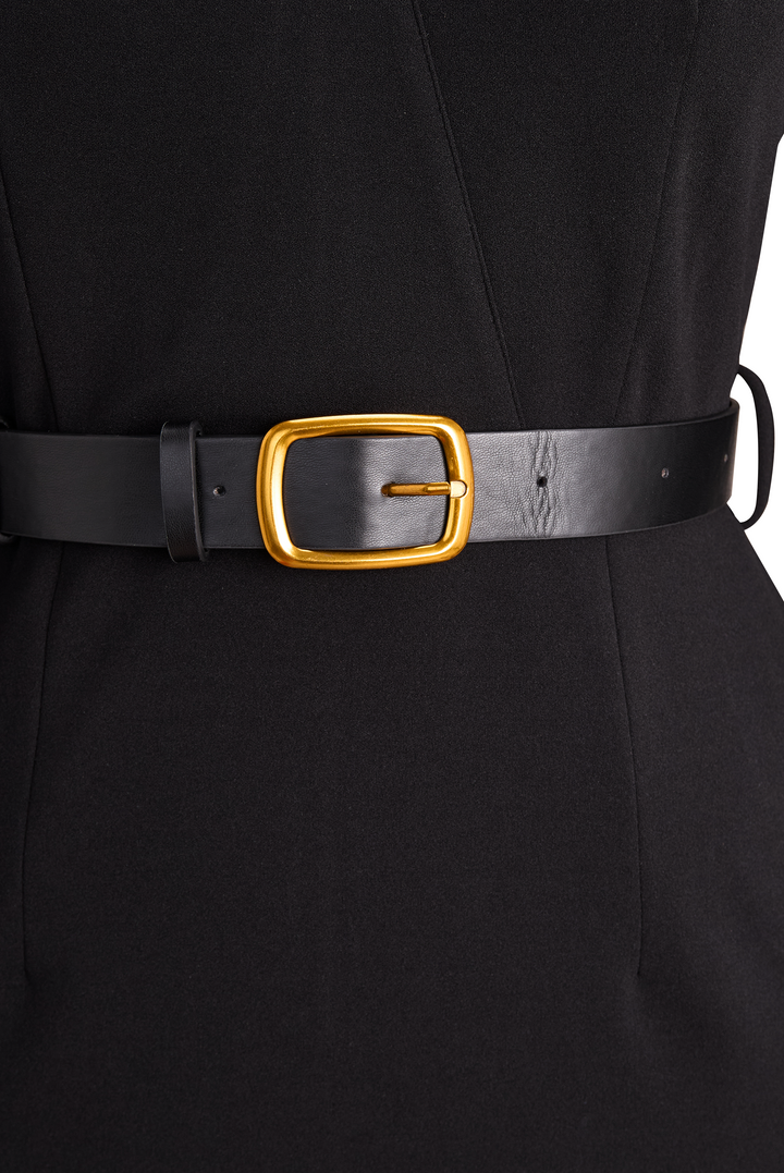 Lucinda | Elegant Black Wrap Midi Dress With Belt