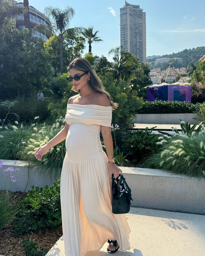 Stella | Elegant Off-Shoulder Pleated Maternity Maxi Gown