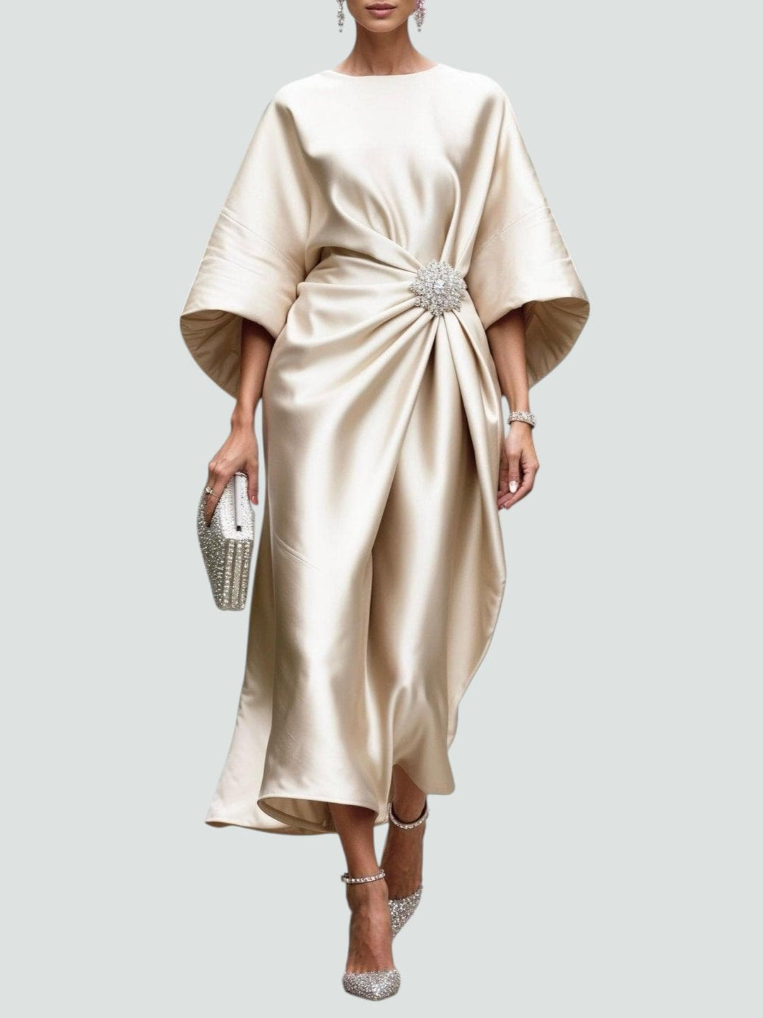 Ramona | Elegant Navy Satin Kimono Sleeve Midi Dress With Brooch