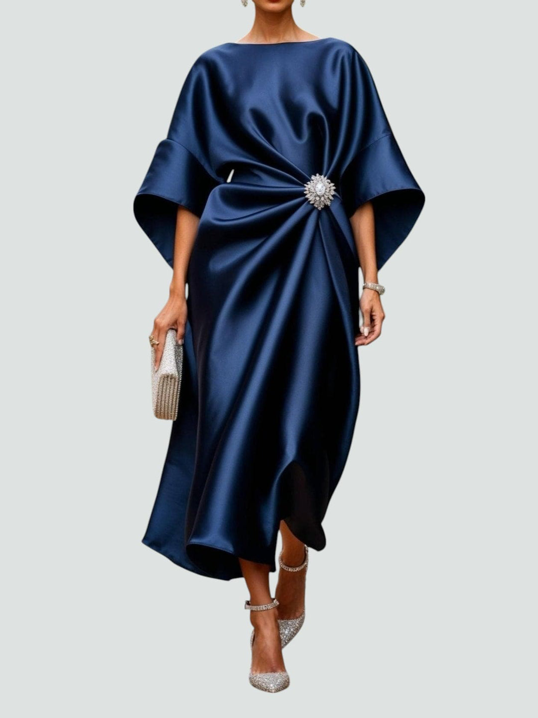 Ramona | Elegant Navy Satin Kimono Sleeve Midi Dress With Brooch