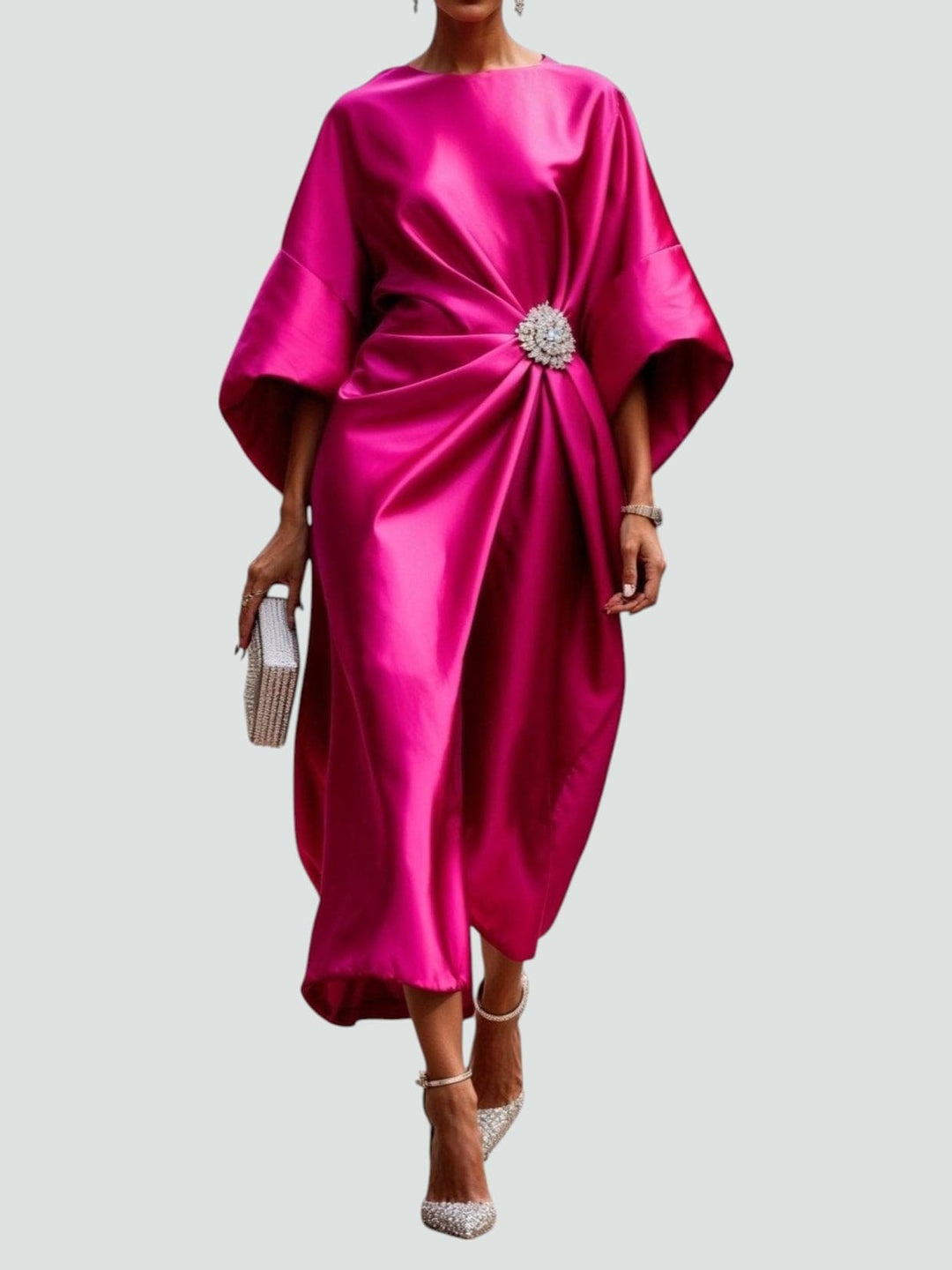 Ramona | Elegant Navy Satin Kimono Sleeve Midi Dress With Brooch