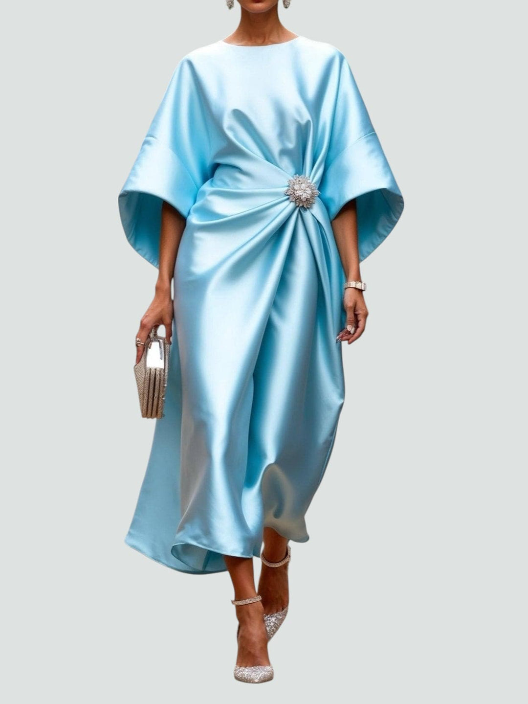 Ramona | Elegant Navy Satin Kimono Sleeve Midi Dress With Brooch