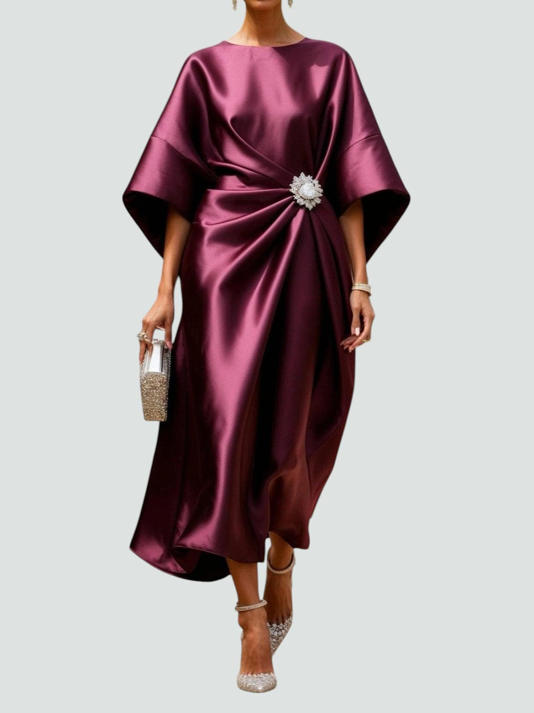 Ramona | Elegant Navy Satin Kimono Sleeve Midi Dress With Brooch