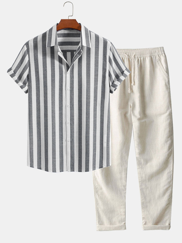 Santorini | Elegant Striped Short Sleeve Shirt & White Linen Pant Set