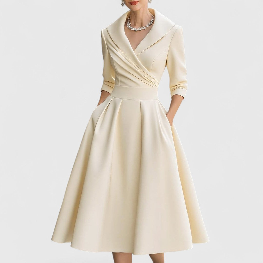 Leona | Elegant V-Neck Wrap Midi Dress With 3/4 Sleeves
