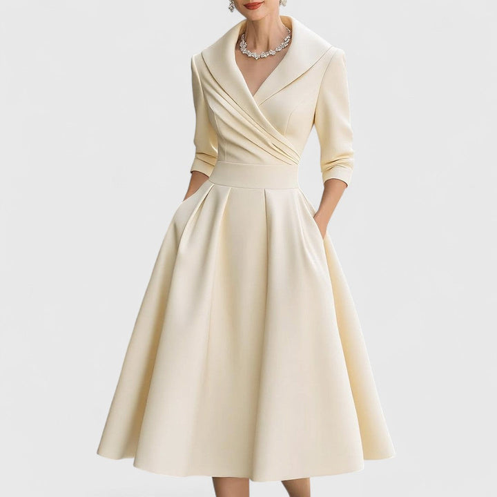 Leona | Elegant V-Neck Wrap Midi Dress With 3/4 Sleeves