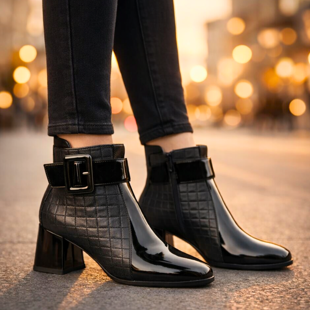 Margot | Chic Patent Leather Block Heel Ankle Boots With Quilted Detail