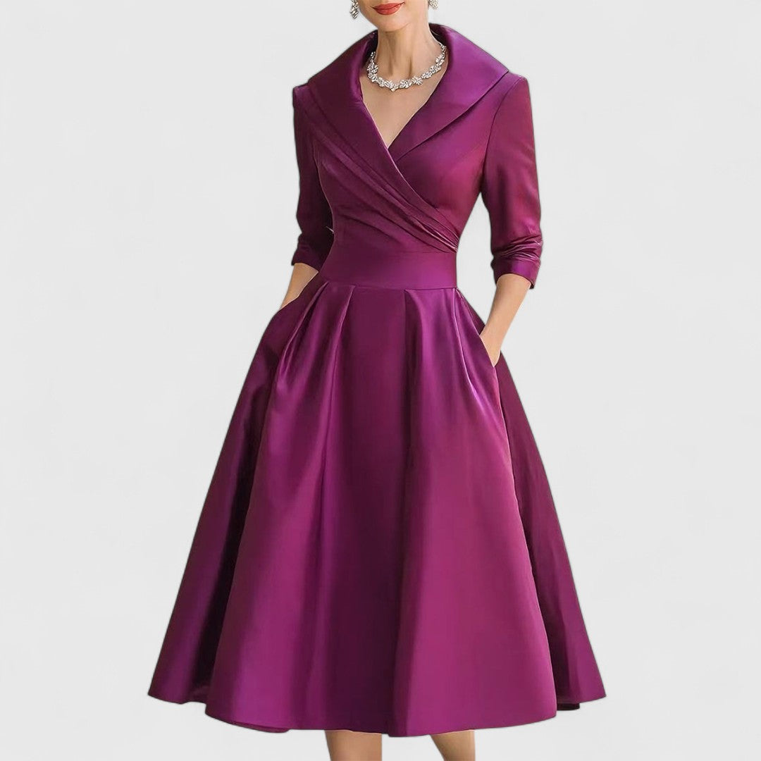 Leona | Elegant V-Neck Wrap Midi Dress With 3/4 Sleeves