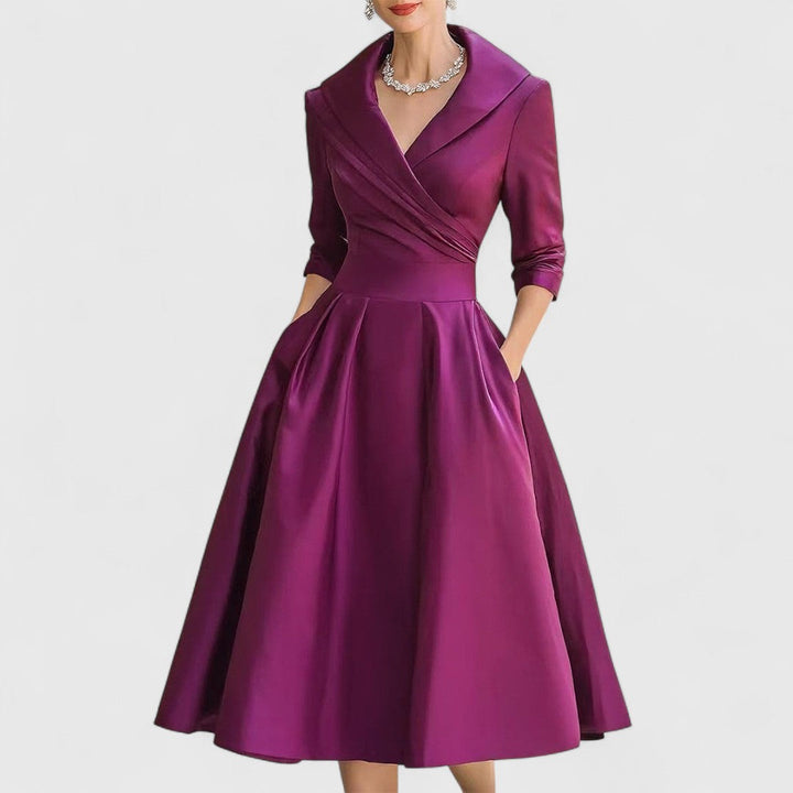 Leona | Elegant V-Neck Wrap Midi Dress With 3/4 Sleeves