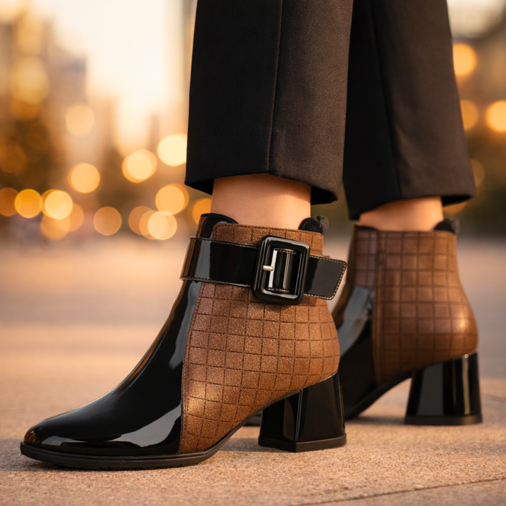 Margot | Chic Patent Leather Block Heel Ankle Boots With Quilted Detail