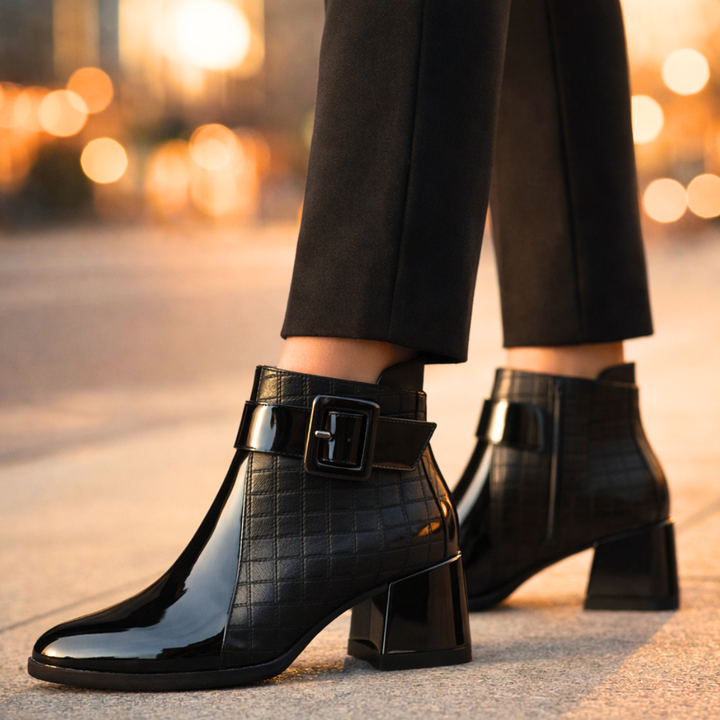 Margot | Chic Patent Leather Block Heel Ankle Boots With Quilted Detail