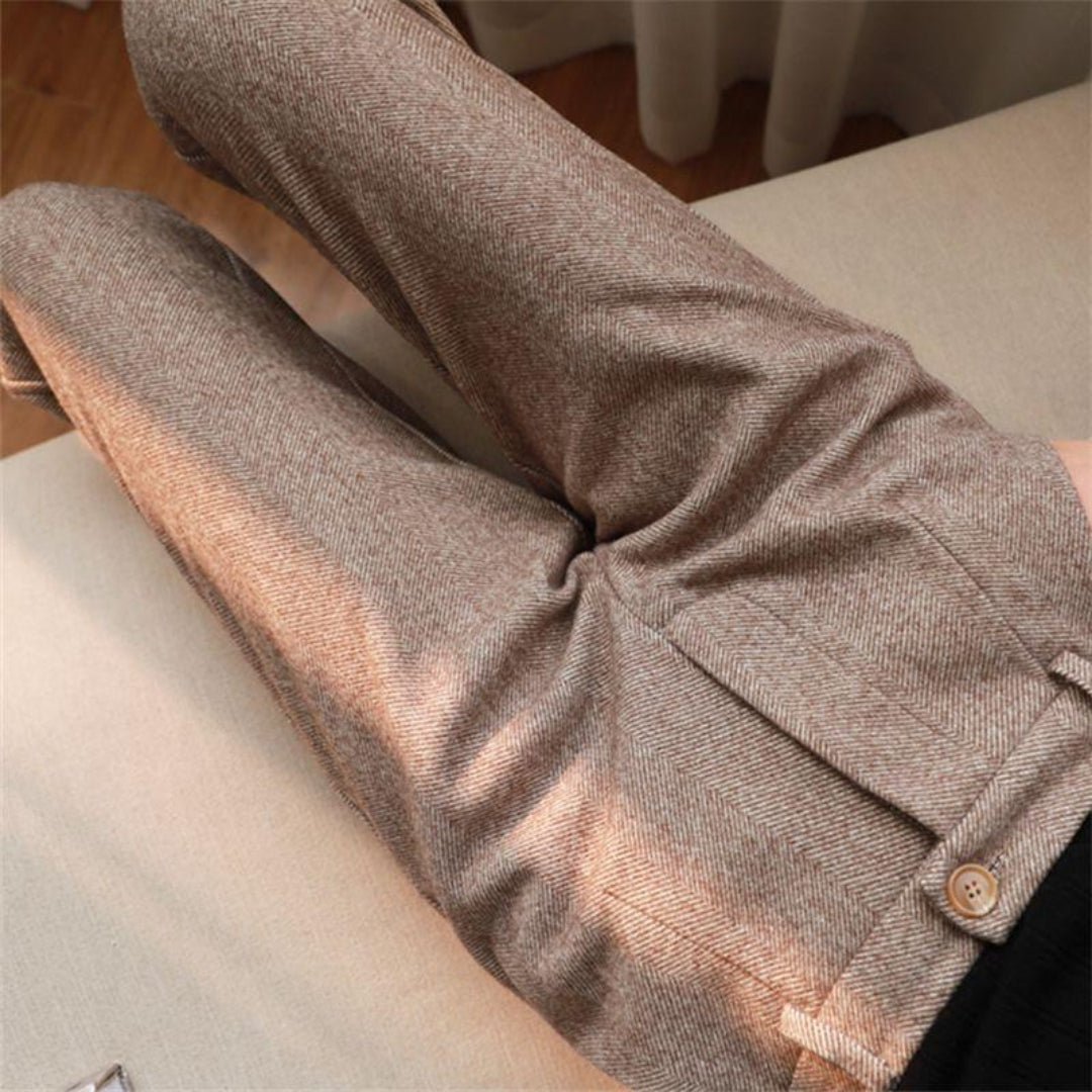 Margot | Elegant Herringbone Pleated Smart Trousers