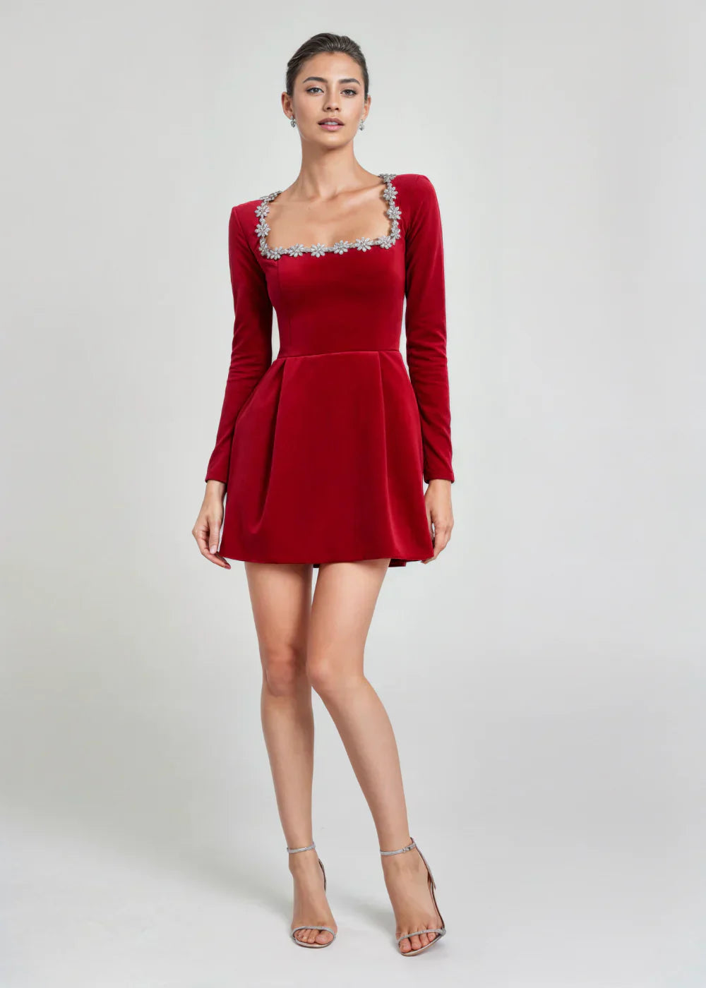 Blythe | Elegant Square Neck Velvet Mini Dress With Long Sleeves