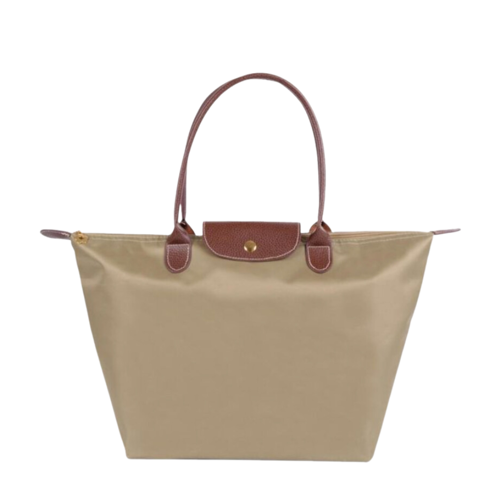 Allegra | Chic Black Tote Bag With Brown Leather Trim