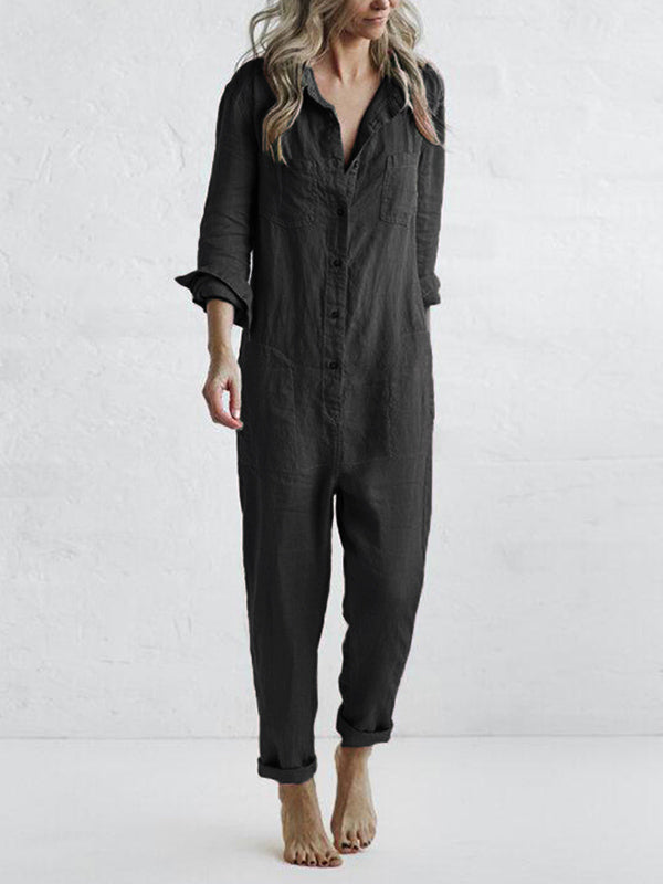 Cassandra | Elegant Long Sleeve Button Front Utility Jumpsuit