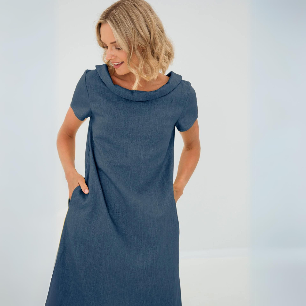 Sofia | Elegant Cowl Neck Short Sleeve Linen Midi Dress